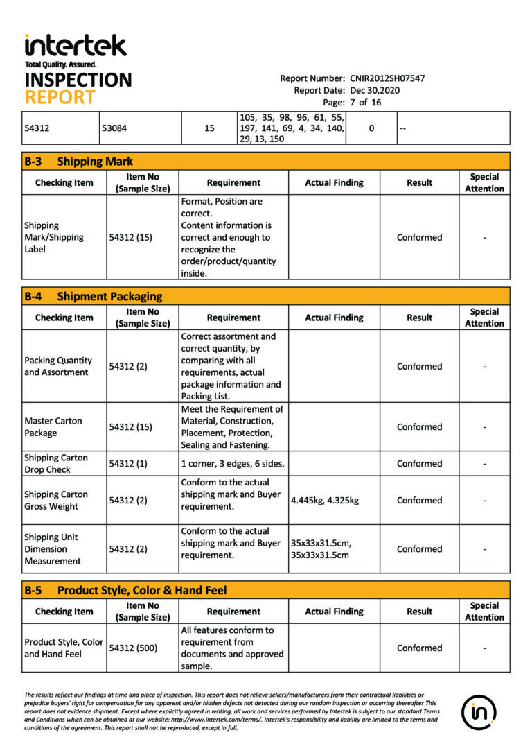Intertek inspection document