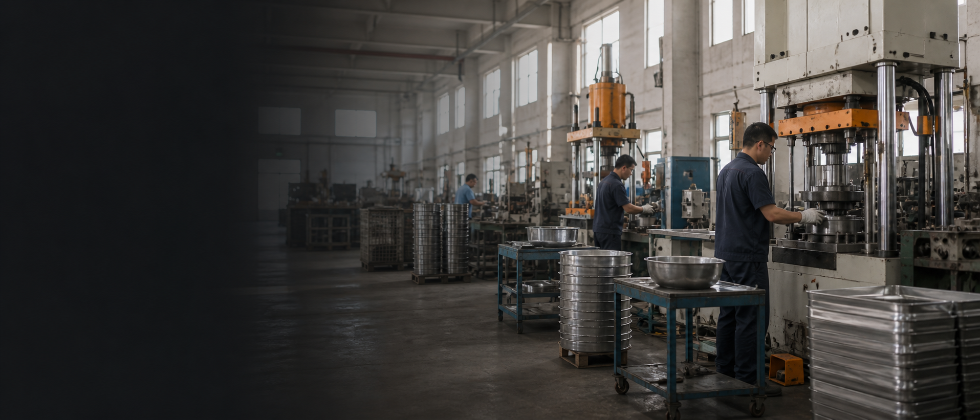 Stainless steel cookware production workshop with workers and forming equipment