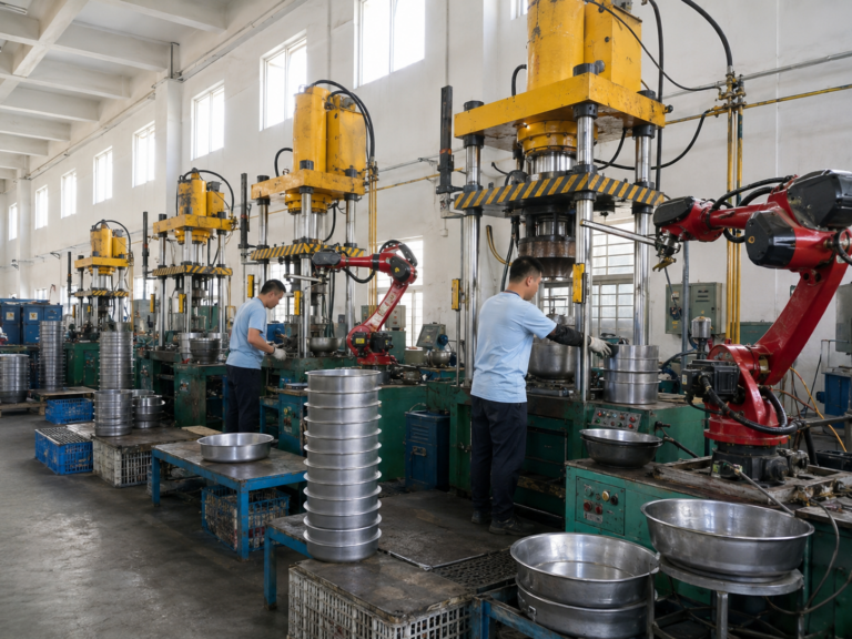 Automated stainless steel pressing line with workers and robotic arms