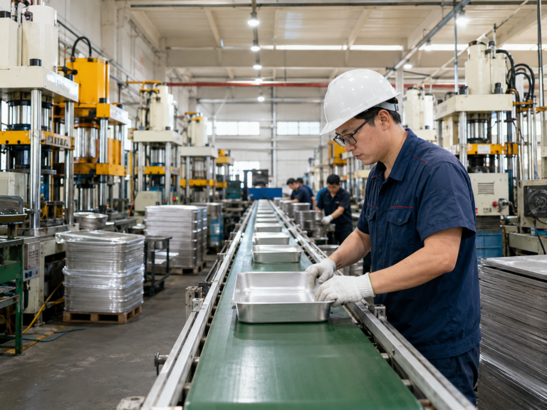 Worker inspecting stainless steel trays on the production line
